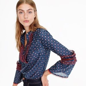 Embroidered bell-sleeve top in foulard JCrew